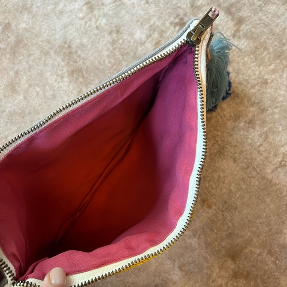 Anthropologie Woven Tapestry Clutch - Pom Pom Tassel Bright Yellow Pink Blue - Picture 3 of 6